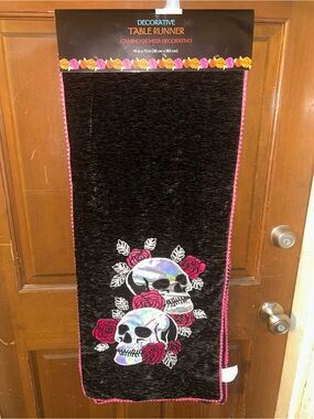 Decorative Black Skulls & Roses Table Runner